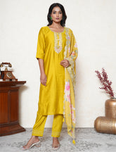 Citrine Yellow Embroidered Suit Set with Floral Dupatta